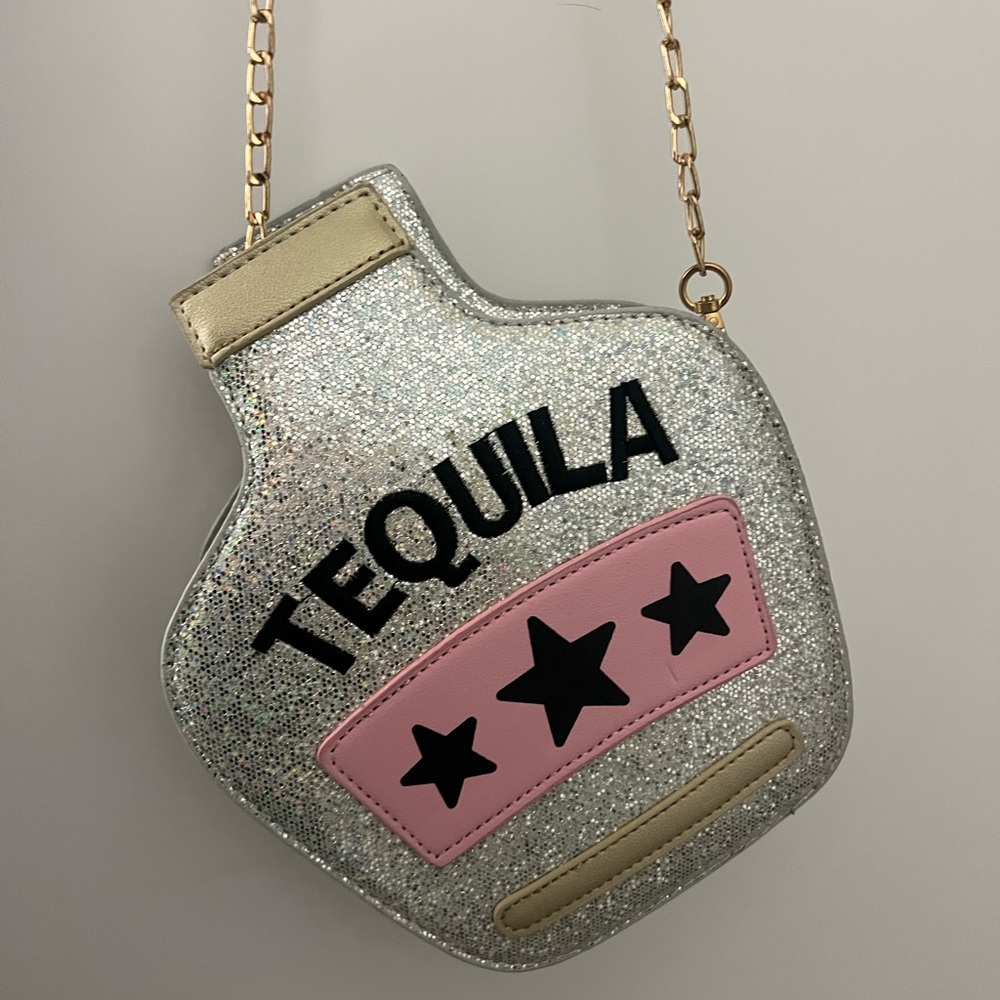 Silver Glitter Tequila Bottle Crossbody Bag